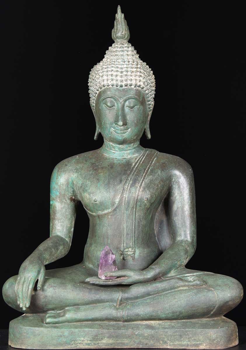 Brass Antique Patina Sukhothai Buddha Statue 29"